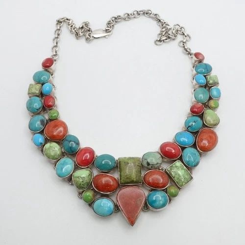 STERLING SILVER MULTI GEMSTONE COLLARD BIB STATEMENT NECKLACE 20" (1 of 2)
