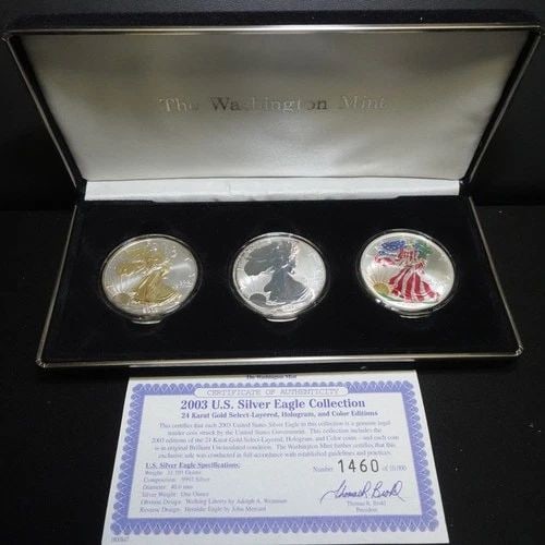 2003 SILVER AMERICAN EAGLE GILDED HOLOGRAM COLORIZED 3 COIN SET BOX & COA (1 of 2)