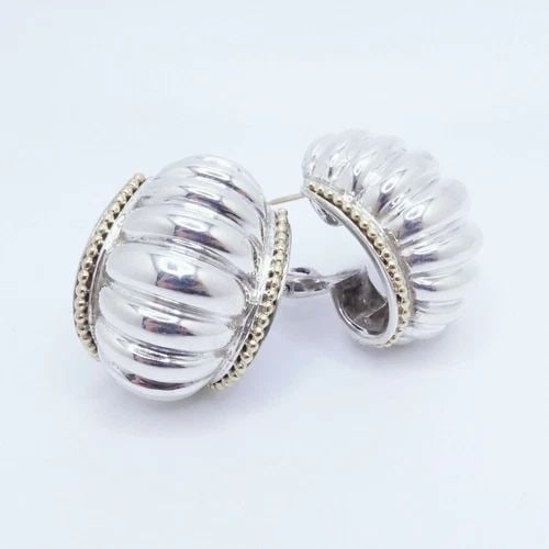 LAGOS CAVIAR STERLING SILVER 18K YELLOW GOLD FLUTED SHRIMP OMEGA BACK EARRINGS (1 of 2)