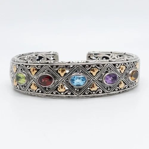 ROBERT MANSE STERLING SILVER 18K GOLD MULTI GEMSTONE CUFF BRACELET 6.75" WRIST: ROBERT MANSE STERLING SILVER 18K GOLD MULTI GEMSTONE CUFF BRACELET 6.75" WRIST Robert Manse Sterling Silver 18K Yellow Gold Accent Multi Gemstone Bali Style Hinged Cuff Bracelet Fits up to 6.75" Max W