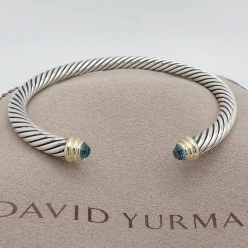 DAVID YURMAN 14K YELLOW GOLD STERLING SILVER BLUE TOPAZ 5MM CABLE BRACELET 6.7": DAVID YURMAN 14K YELLOW GOLD STERLING SILVER BLUE TOPAZ 5MM CABLE BRACELET 6.7" David Yurman Sterling Silver 14K Yellow Gold Blue Topaz 5mm Cable Medium Bracelet Fits up to 6.5" - 6.75" Max Wrist Gems