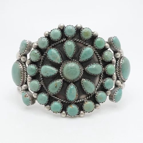 RUNNING BEAR STERLING GREEN TURQUOISE FLOWER CLUSTER NAVAJO CUFF BRACELET 6.5": RUNNING BEAR STERLING GREEN TURQUOISE FLOWER CLUSTER NAVAJO CUFF BRACELET 6.5" Running Bear Sterling Silver Green Turquoise Cluster Handmade Navajo Open Cuff Bracelet Fits up to 6.5" Wrist Diameter - 