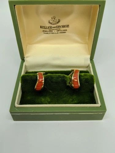 VINTAGE KELLER & GEORGE 14K YELLOW GOLD ENAMEL OMEGA BACK STUD EARRINGS WITH BOX (1 of 2)