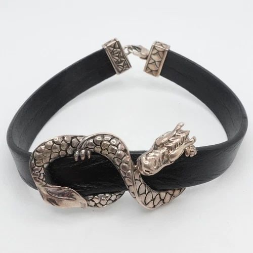 JOHN HARDY STERLING SILVER NAGA DRAGON LEATHER BRACELET 7" LONG: John Hardy Sterling Silver Naga Dragon Leather Bracelet Length - 7" Long Fits up to Relax 6.5"- 6.75" Snug Wrist Leather Width - 9.5mm Dragon Motif Size - 3/4" x 1.50" Total Weight - 17.3 Grams Hallma