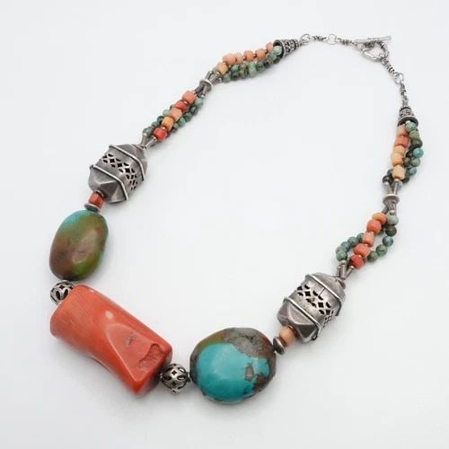 STERLING SILVER TURQUOISE & CORAL CHUNKY HANDMADE NECKLACE 19" (1 of 2)