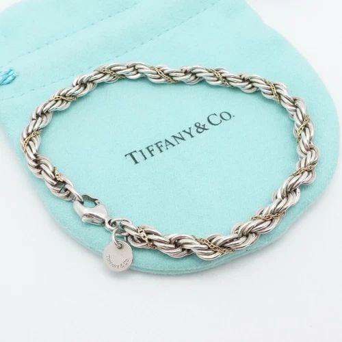 TIFFANY & CO. STERLING SILVER 18K GOLD 4MM TWIST ROPE CHAIN BRACELET 7.25" (1 of 2)