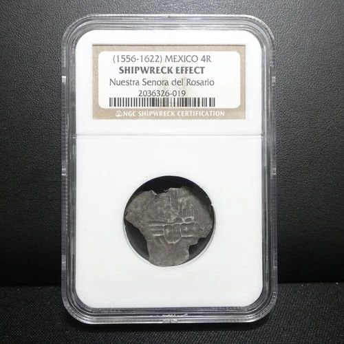 1556-1622 MEXICO 4 REALS NUESTRA SENORA DEL ROSARIO NGC SHIPWRECK EFFECT: 1556-1622 MEXICO 4 REALS NUESTRA SENORA DEL ROSARIO NGC SHIPWRECK EFFECT (1556-1622) Mexico 4 Reals Nuestra Senora Del Rosario NGC Certified - Shipwreck Effect Excellent Condition & Well-Kept