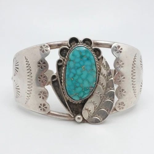 AY STERLING SILVER TURQUOISE NAVAJO FLOWER LEAF CUFF BRACELET 6.25" WRIST: AY STERLING SILVER TURQUOISE NAVAJO FLOWER LEAF CUFF BRACELET 6.25" WRIST Signed AY Sterling Silver Turquoise Gemstone Navajo Flower Leaf Cuff Bracelet Fits up to 6.25" Wrist Diameter - 2.36" (60mm) H
