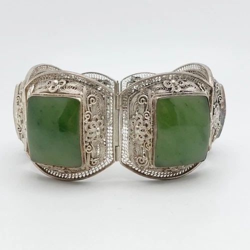 STERLING SILVER FLOWER SPANISH LACE JADE PANEL LINK WIDE BRACELET 7.25" WRIST: STERLING SILVER FLOWER SPANISH LACE JADE PANEL LINK WIDE BRACELET 7.25" WRIST Sterling Silver Spanish Lace Flower Jade Panel Link Wide Statement Bracelet Fits up to 7.25" Wrist Cuff Width - 36.5mm Gem