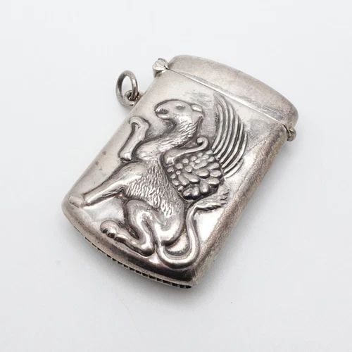 STERLING SILVER GRIFFIN MOTIF VESTA MATCH CASE HOLDER - 2" X 1.25" (1 of 2)