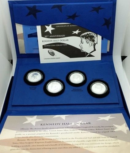 2014 50TH ANNIVERSARY KENNEDY HALF DOLLAR SILVER 4 COIN SET OGP COA: 2014 50TH ANNIVERSARY KENNEDY HALF DOLLAR SILVER 4 COIN SET OGP COA 2014 50th Anniversary Kennedy Half-Dollar Silver 4 Coin Collection Box & COA Included Never Been Opened Or Tampered With