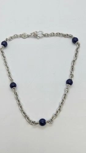 JUDITH RIPKA STERLING SILVER LAPIS LAZULI GEMSTONE STATION CHAIN NECKLACE 18": JUDITH RIPKA STERLING SILVER LAPIS LAZULI GEMSTONE CHAIN NECKLACE - 18" LONG Judith Ripka Sterling Silver Blue Lapis Necklace Length - 18" Long Slight Scuff on one of the Beads Check Pictures Total We