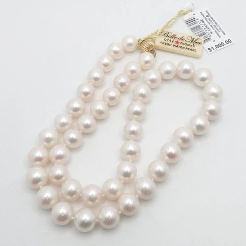 14K YELLOW GOLD CLASP RIBBED 9.5-10.5MM WHITE CULTURED PEARL NECKLACE 18" TAG (1 of 2)