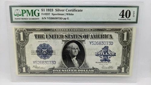 1923 $1 SILVER CERTIFICATE - PMG 40 EPQ - FR#237 - LARGE SIZE NOTE: 1923 $1 SILVER CERTIFICATE - PMG 40 EPQ - FR#237 - LARGE SIZE NOTE 1923 $1 Silver Certificate Large Size Note Note # 237 Serial # Y52683073D PMG Grade - XF 40 EPQ Extremely Fine PMG Cert # 8067237-020