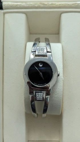 MOVADO AMOROSA 84 E4 1842 STAINLESS STEEL BLACK MUSEUM QUARTZ WATCH - 24MM BOX: MOVADO AMOROSA 84 E4 1842 STAINLESS STEEL BLACK MUSEUM QUARTZ WATCH - 24MM BOX Movado Amorosa Stainless Steel & Diamond Black Museum with Concave Dot Swiss Quartz Bangle Bracelet Watch Reference - 84 
