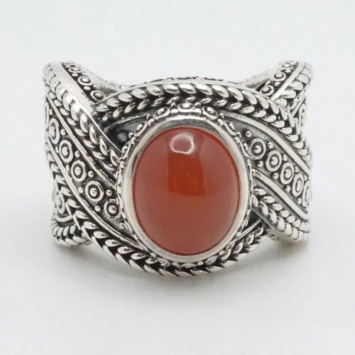JAI JOHN HARDY STERLING SILVER CABOCHON CARNELIAN STATEMENT RING 5.25: JAI JOHN HARDY STERLING SILVER CABOCHON CARNELIAN STATEMENT RING 5.25 JAi by John Hardy Sterling Silver Cabochon Carnelian Statement Ring Ring Size - 5.25 Band Width - 7mm Depth - 2.5-3mm Thick Height