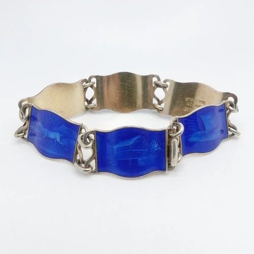 EINAR MODAHL STERLING SILVER NORWAY BLUE ENAMEL SCENE PANEL BRACELET 7.5" LONG (1 of 2)