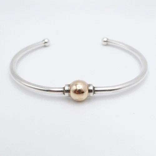 14K YELLOW GOLD CAPE CODE SINGLE BALL STERLING SILVER CUFF BRACELET - SIZE 6" (1 of 2)