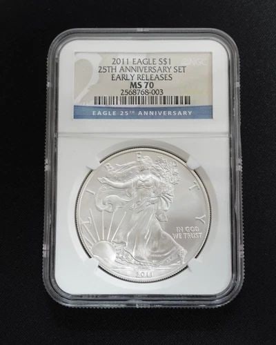 2011 AMERICAN EAGLE SILVER $1 EARLY RELEASES BY 25TH ANNIVERSARY - NGC MS 70: 2011 American Eagle Silver $1 Early Releases by 25th Anniversary NGC Certified - MS 70 Listing is shown for ONE coin only
