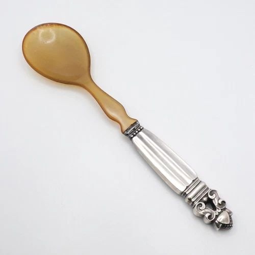 GEORG JENSEN JOHAN ROHDE STERLING SILVER ACORN MEDIUM SERVING HORN SPOON 8.25": GEORG JENSEN JOHAN ROHDE STERLING SILVER ACORN MEDIUM SERVING HORN SPOON 8.25" Vintage Georg Jensen Design by Johan Rohde Sterling Silver Handle Acorn Pattern Medium Serving Horn Spoon Discontinued Pi