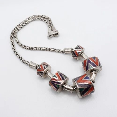 STERLING SILVER 925 MULTI GEMSTONE INLAY BRAIDED STATION CHAIN NECKLACE - 17" (1 of 2)