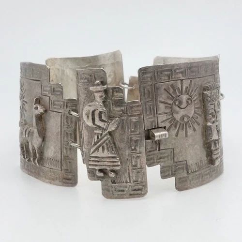 STERLING SILVER PERU AZTEC STORYTELLER PANEL CHAIN LINK WIDE BRACELET 7" WRIST (1 of 2)