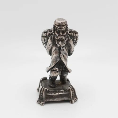 SIGNED BA STERLING SILVER JEWISH MAN CARRYING BASKET INCENSE BURNER FIGURINE 2": SIGNED BA 84 STERLING SILVER JEWISH ELDER HOLDING BASKET INCENSE BURNER - 2" Signed BA 84 Sterling Silver Jewish Elder Holding Basket Incense Burner Height - 2" Width - 1" Total Weight - 77.3 Grams