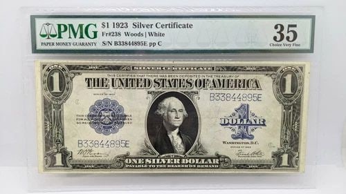 1923 $1 SILVER CERTIFICATE - PMG 35 - FR#238 - LARGE SIZE NOTE: 1923 $1 SILVER CERTIFICATE - PMG 35 - FR#238 - LARGE SIZE NOTE 1923 $1 Silver Certificate Large Size Note Note # 238 Serial # B33844895E PMG Grade -VF 35 Choice Very Fine PMG Cert # 8067237-027 Signat