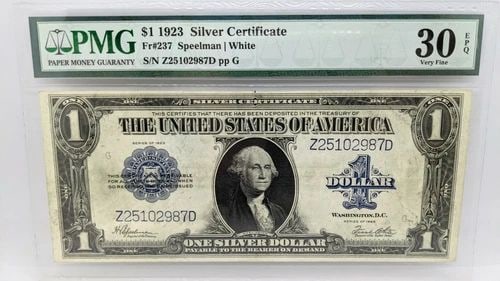 1923 $1 SILVER CERTIFICATE - PMG 30 EPQ - FR#237 - LARGE SIZE NOTE: 1923 $1 SILVER CERTIFICATE - PMG 30 EPQ - FR#237 - LARGE SIZE NOTE 1923 $1 Silver Certificate Large Size Note Note # 237 Serial # Z25102987D PMG Grade -VF 30 EPQ Very Fine PMG Cert # 8067237-024 Signa