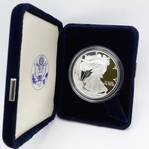 2002 W U.S MINT AMERICAN EAGLE SILVER PROOF DOLLAR COIN WITH VELVET CASE: 2002 W AMERICAN EAGLE SILVER PROOF $1 DOLLAR COIN - OGP 2002 W American Eagle Silver Proof $1 Dollar Coin Velvet Case IS Included OGP Included - COA NOT Included