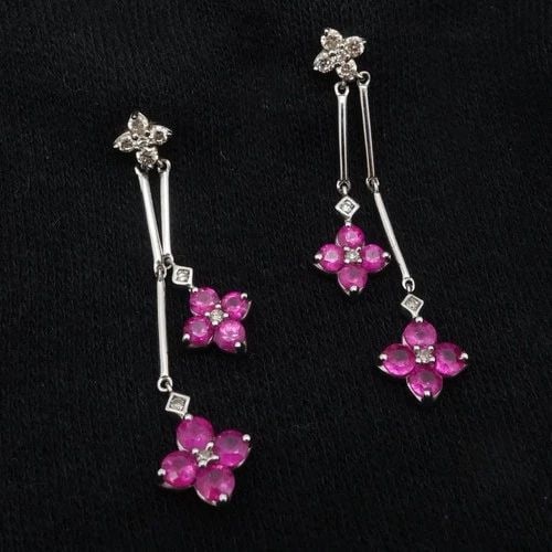 STERLING SILVER PINK RUBY DIAMOND FLOWER DAINTY DANGLE EARRINGS: STERLING SILVER PINK RUBY DIAMOND FLOWER DAINTY DANGLE EARRINGS Sterling Silver Pink Ruby Diamond Flower Dainty Dangle Earrings Flower Width - 6.5mm Total Weight - 2.3 Grams Hallmark - 925 (on prong) 