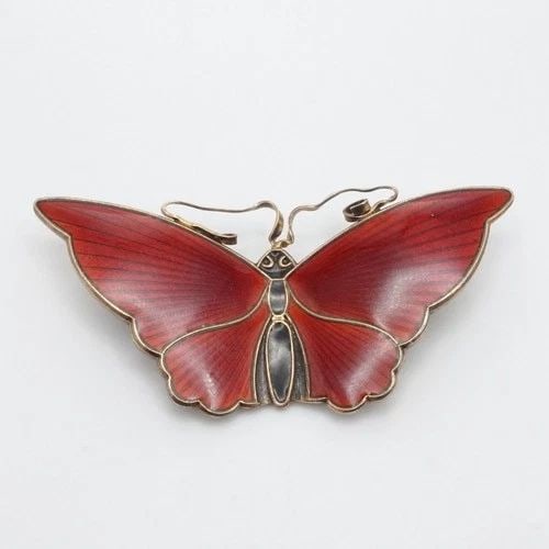 DAVID ANDERSON STERLING SILVER NORWAY BUTTERFLY GUILLOCHE RED ENAMEL BROOCH PIN (1 of 2)