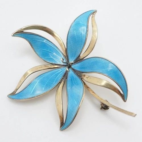 STERLING SILVER NORWAY FLOWER GUILLOCHE BLUE ENAMEL LARGE BROOCH PIN 2.5" (1 of 2)