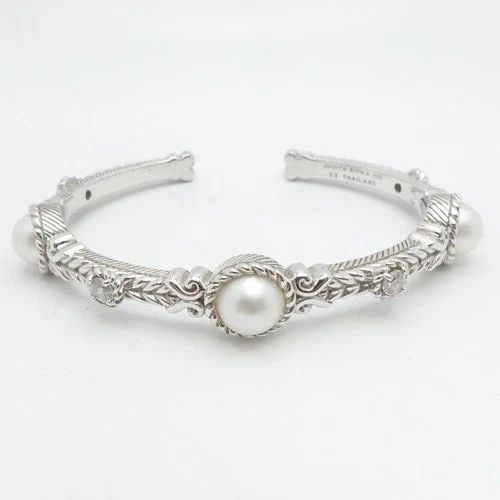 JUDITH RIPKA STERLING SILVER ROUND PEARL CLEAR CZ CUFF BRACELET 7.25" WRIST (1 of 2)