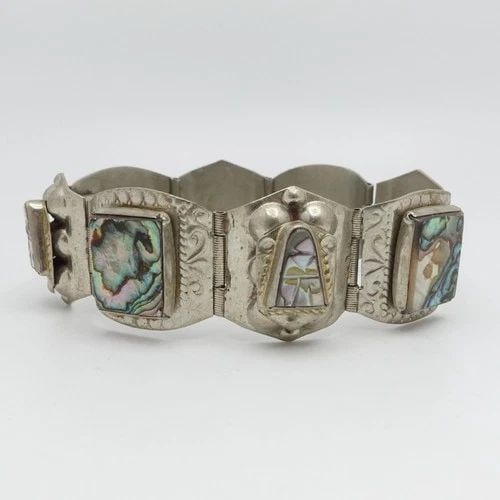 STERLING SILVER MOTHER OF PEARL PANEL CHAIN LINK STATEMENT BRACELET 7.25" WRIST (1 of 2)