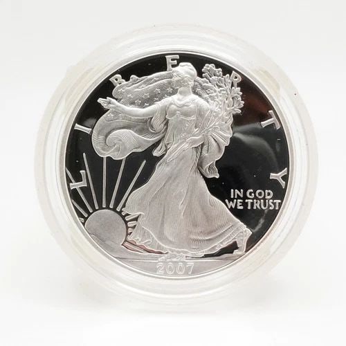 2007 W AMERICAN EAGLE UNCIRCULATED SILVER $1 DOLLAR COIN - CAPSULATED: 2007 W AMERICAN EAGLE UNCIRCULATED SILVER $1 DOLLAR COIN - CAPSULATED 2007 W American Eagle Uncirculated Silver $1 Dollar Coin Excellent & Capsulated Coins have not been opened or touched from their c