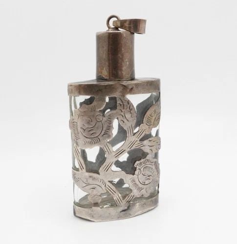 LHM MEXICO STERLING SILVER OVERLAY GLASS PERFUME BOTTLE WITH BAIL - 2.5" (1 of 2)