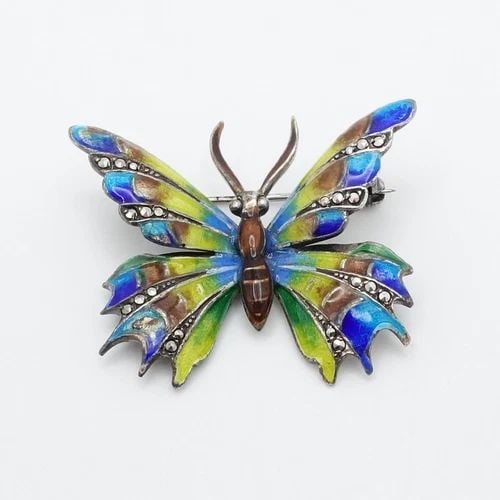 STERLING SILVER GERMANY MULTICOLOR ENAMEL MARCASITE BUTTERFLY BROOCH 1.25" (1 of 2)