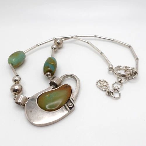 OP SILVER 950 GREEN BLUE GEMSTONE PENDANT BEADED CHAIN NECKLACE - 19" (1 of 2)