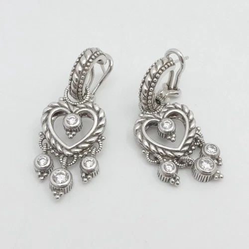 JUDITH RIPKA STERLING SILVER ROUND CZ HEART CHARM DANGLE OMEGABACK EARRINGS: JUDITH RIPKA STERLING SILVER ROUND CZ HEART CHARM DANGLE OMEGABACK EARRINGS Judith Ripka Sterling Silver Round Clear Cubic Zircona Heart Charm Dangle Omega Back Earrings Total Length - 1.5" Huggie Hei