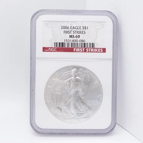 2006 AMERICAN EAGLE SILVER $1 DOLLAR COIN FIRST STRIKES - NGC MS 69: 2006 American Eagle Silver $1 Dollar Coin First Strikes NGC Certified - MS 69 Est. Price Value - $65 USD Looks Great !