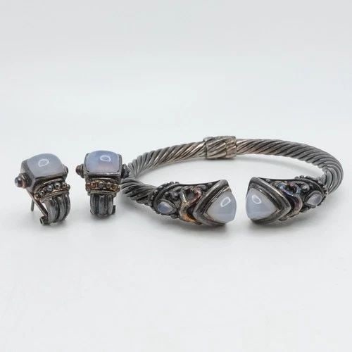 STERLING SILVER GRAY BLUE GEMSTONE CABLE CUFF BANGLE BRACELET AND EARRINGS SET (1 of 2)