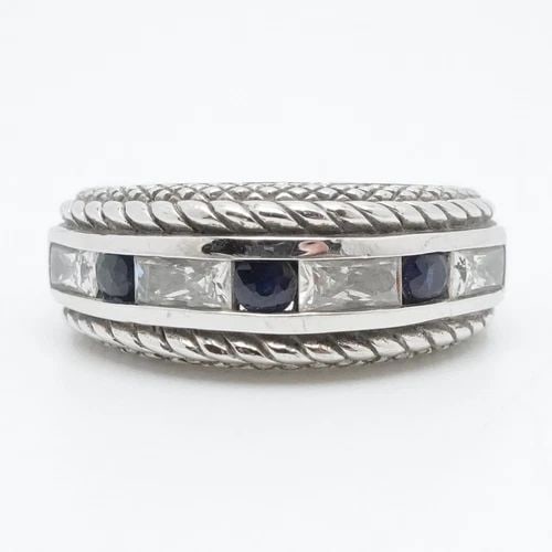 JUDITH RIPKA STERLING SILVER BLUE SAPPHIRE CLEAR CZ CABLE BAND CABLE RING 7.25: JUDITH RIPKA STERLING SILVER BLUE SAPPHIRE CLEAR CZ CABLE BAND CABLE RING 7.25 Judith Ripka Sterling Silver Blue Sapphire & Clear Cubic Zirconia Cable Band Ring Size - 7.25 Band Width - 5mm Height - 9
