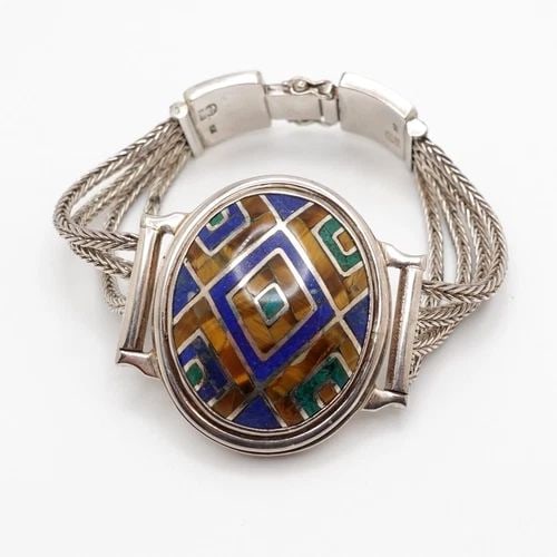 SILVER 950 PERU MULTI GEMSTONE OVAL INLAY BRAIDED CHAIN BRACELET - 7" LONG: SILVER 950 PERU MULTI GEMSTONE OVAL INLAY BRAIDED CHAIN BRACELET - 7" LONG Silver 950 Peru Multi Gemstone Oval Inlay Braided Chain Bracelet Length - 7" Long Wrist Size - 6.5" Height - 1.5" Width - 1.2