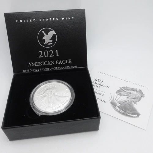 2021 W AMERICAN EAGLE 1 OZ SILVER UNCIRCULATED COIN BOX & COA (1 of 2)