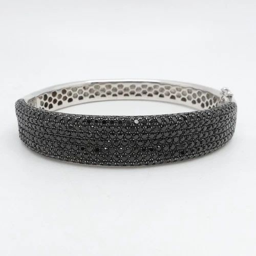 SIGNED PJC STERLING SILVER PAVE BLACK SPINEL HINGED BANGLE BRACELET 8" WRIST (1 of 2)