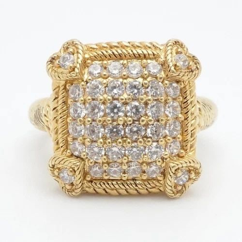 JUDITH RIPKA YELLOW GOLD PLATED STERLING PAVE CLEAR CUBIC ZIRCONIA RING SZ 6.25: JUDITH RIPKA YELLOW GOLD PLATED STERLING PAVE CLEAR CUBIC ZIRCONIA RING SZ 6.25 Judith Ripka Yellow Gold Plated Sterling Silver Pave Clear Cubic Zirconia Heart Prong Cable Ring Size - 6.25 Band Width 