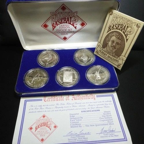 1992 FATHER OF BASEBALL 5 COIN PROOF SET COLLECTOR WITH BASEBALL CARDS BOX & COA: 1992 FATHER OF BASEBALL 5 COIN PROOF SET COLLECTOR WITH BASEBALL CARDS BOX & COA 1992 Father of Baseball 5 Coin Proof Set Collector's Issue with 5 Baseball Cards in Velvet Case Box & COA Included