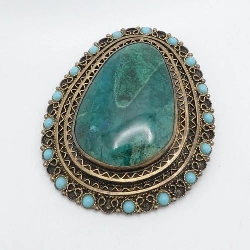 STERLING SILVER ISRAEL EILAT TURQUOISE LARGE BROOCH PIN PENDANT 2.5" (1 of 2)