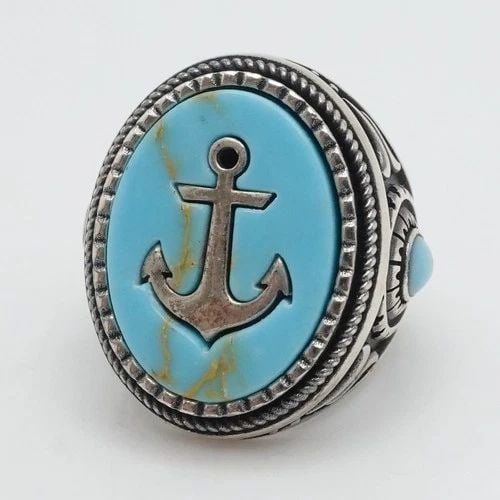 KH STERLING SILVER ANCHOR MOTIF TURQUOISE INLAY OVAL STATEMENT RING SIZE 10.5: KH STERLING SILVER ANCHOR MOTIF TURQUOISE INLAY OVAL STATEMENT RING SIZE 10.5 Signed KH Sterling Silver Anchor Motif Turquoise Inlay Statement Ring Size - 10.5 Band Width - 6mm Height - 26mm Total Wei
